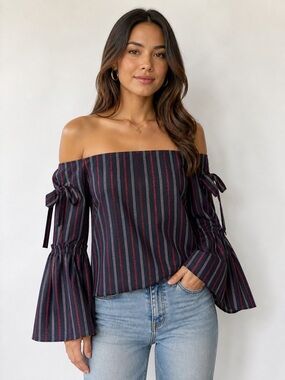 INTERMIX Navy Red Stripes Off-Shoulder Stripe Tie-Sleeve Top | Boho Chic